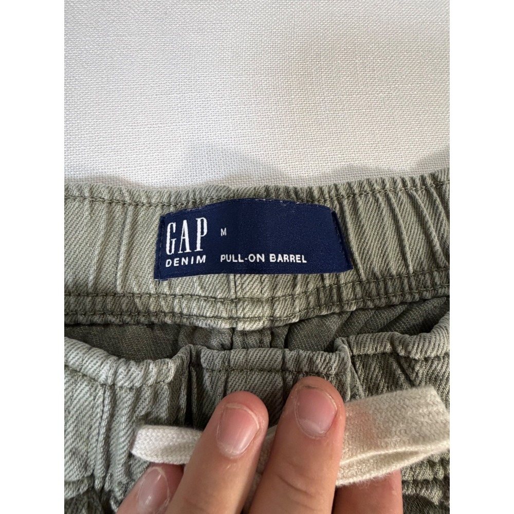 GAP Denim Pull-On Barrel Pants Olive Green Wide Leg Drawstring Size M - Picture 4 of 7